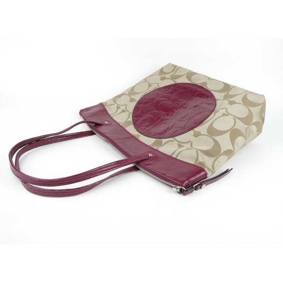 Coach Signature Khaki Burgundy Laura Tote Shoulder Bag F18335 - Picture 4 of 14